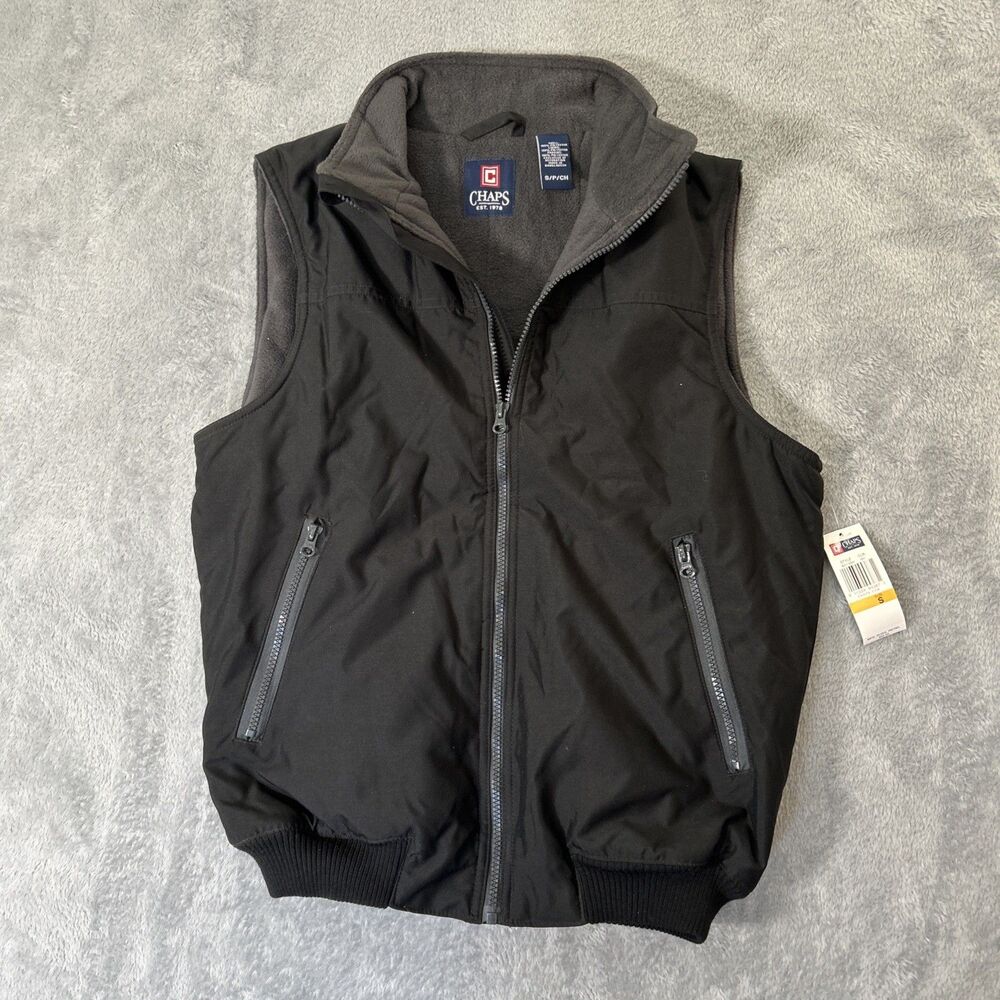 Chaps Vest Mens Small Black Fleece Lined Full Zip Sleeveless Jacket Coat Fall